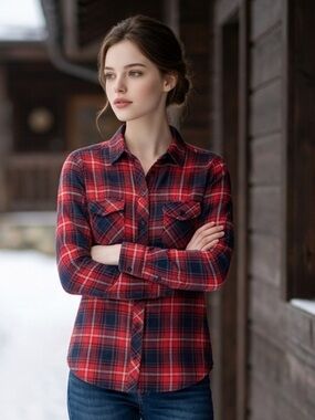 BEACH LUNCH LOUNGE Shirt Top Double Flannel Plaid Red Button Small